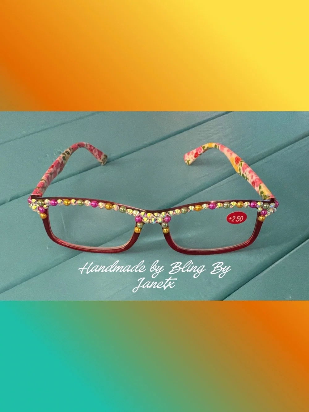 Handmade Bling Reading Glasses (+2.50)- Floral Frame with Multicolor Rhinestones